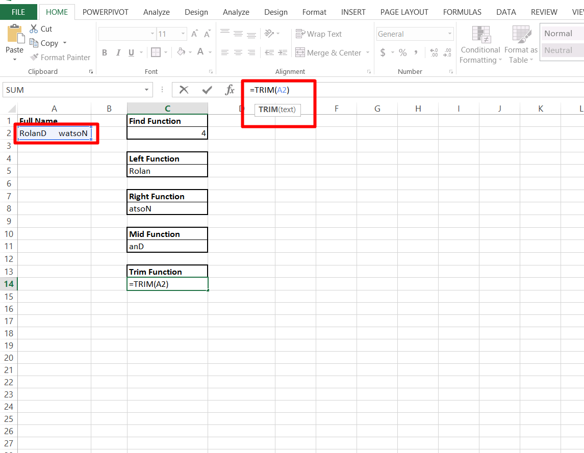 Use the trim function in excel