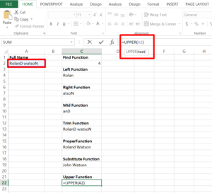 Use the Upper Function in excel
